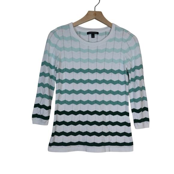 41 Hawthorn Womens XS Irene Pointelle Chevron Striped Sweater in White Green - Picture 2 of 11
